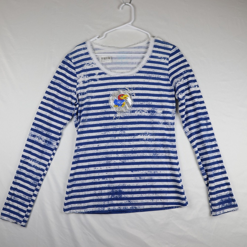 Meesh & Mia T-Shirt Womens Large Blue White Striped Kansas Jayhawks‎ Long Sleeve